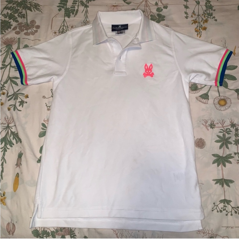 White Polo Shirt with Pink Logo by Psycho Bunny boys large